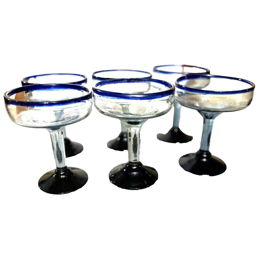 Vintage 80s Cobalt Blue‎ Margarita Glasses Stemmed Hand Blown Recycled Glass Lot